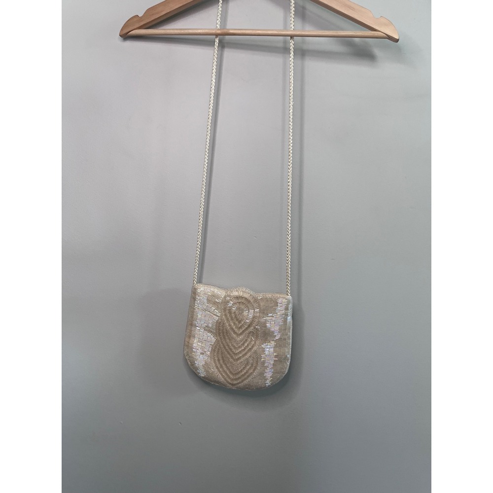 La Regale LTD Vintage Beaded Evening Bag Cream Iridescent Crossbody Wedding